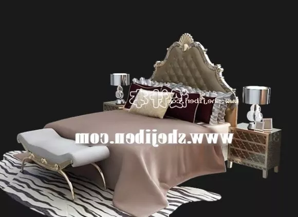 Wooden Bed With Mattress, Wooden Polygon Back 3d model
