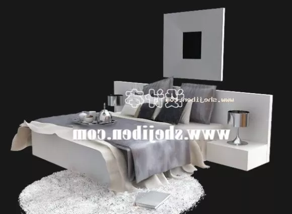 Realistic Double Bed With Blanket Pillows On Rug 3d model
