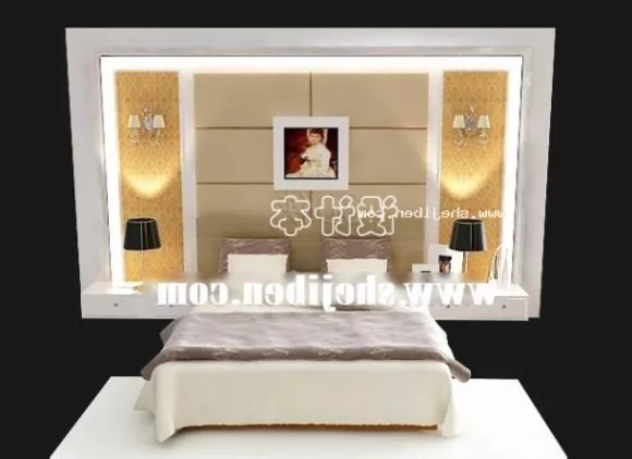 Double Bed With White Mattress With Cylinder Pillow 3d model
