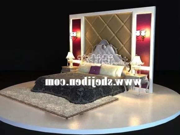 Realistic Double Bed With Blanket Pillows On Rug 3d model
