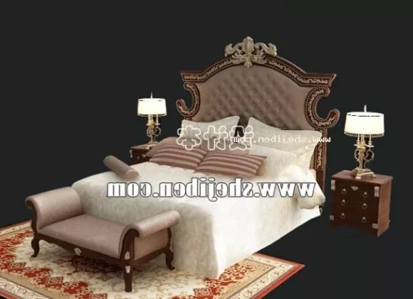 Double Bed Set With Carved Back Panel 3d model
