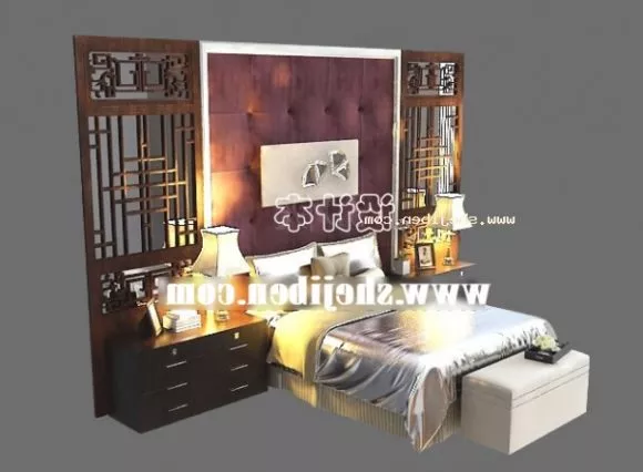 Bed With Red Blanket 3d model