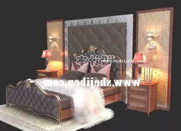 Double Bed Walnut With Mattress And Blanket 3d model