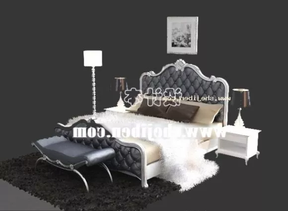 Double Bed Set With Carved Back Panel 3d model