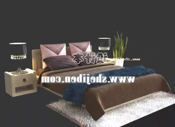 Hotel Bed With Carpet And Lamp 3d model