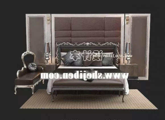 Double Bed, Wooden Frame 3d model