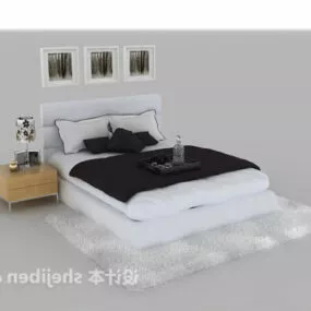 Modern White Double Bed With Painting Decoration 3d model