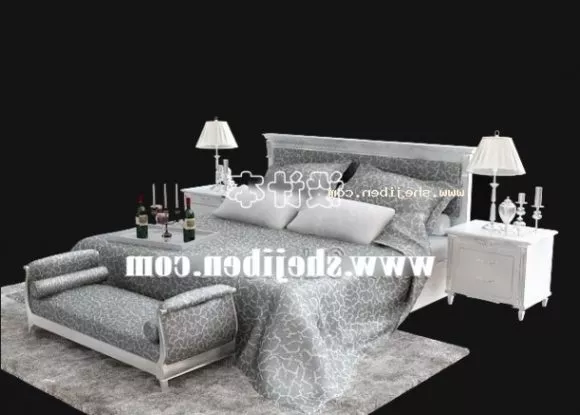 Bed Realistic Blanket With Pillows And Night Stand 3d model