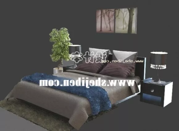 Realistic Double Bed With Blanket Pillows On Rug 3d model