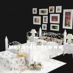 Ash Wooden Bed With Photo Frame Backwall 3d model