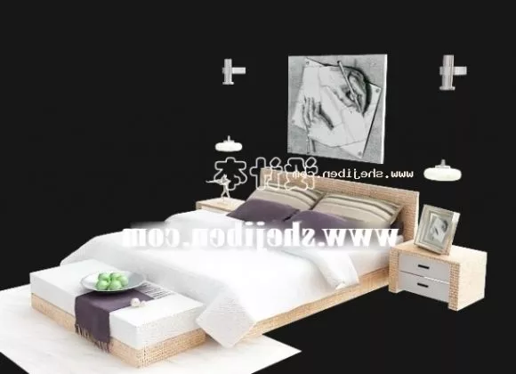 Double Bed With Blanket Strip Pattern 3d model