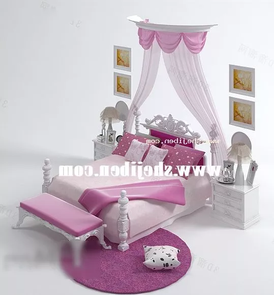 Old Style Bed With Red Blanket 3d model