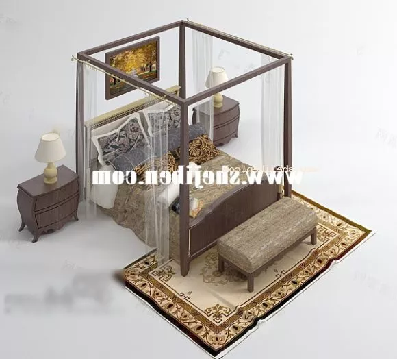 Modern Bed With Glass Partition Back 3d model