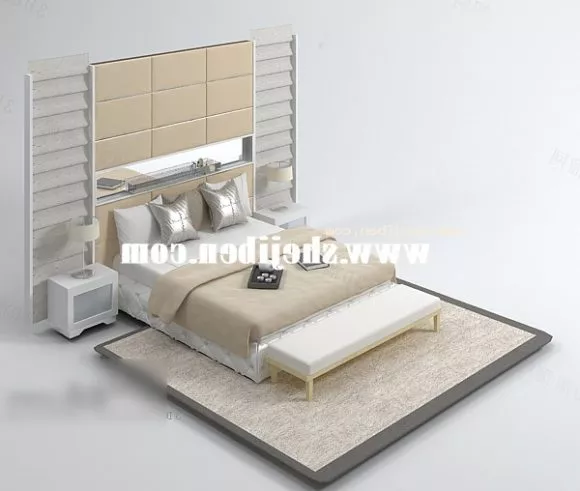 Beige Bed With Backwall Carpet 3d model Beige Bed With Backwall Carpet 3d model