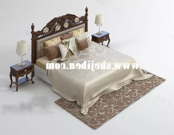 Double Bed With Blanket Strip Pattern 3d model