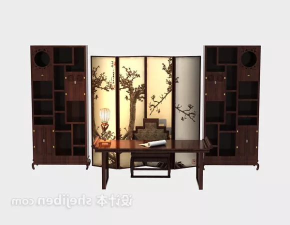 Tv On Wooden Shelf With Vase Pot Plant 3d model