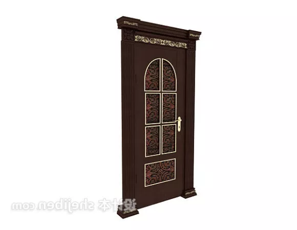 Wood Door With Frame With Lines Decoration 3d model