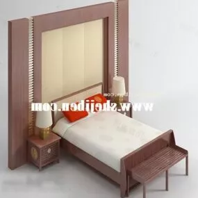 Chinese Double Bed With Backwall Furniture 3d model