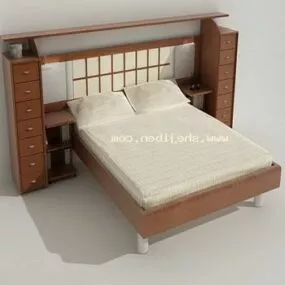 Wood Double Bed With Cabinet 3d model