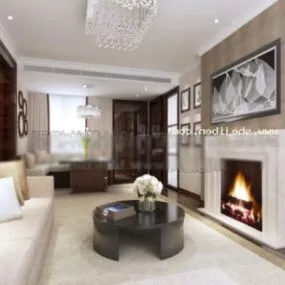 Living Room With Fireplace Interior Scene 3d model