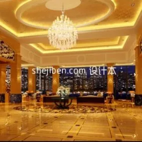 Hotel Lobby Interior Scene With Big Chandelier 3d model