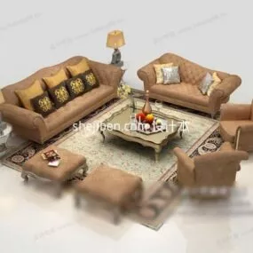 European Brown Leather Sofa Coffee Table Set 3d model