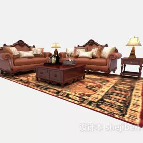 European Brown Leather Sofa Coffee Table Set V1 3d model