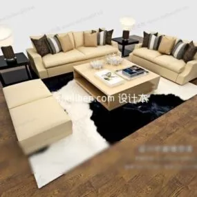 Beige Leather Living Room Sofa Set With Table 3d model