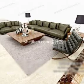 Green Leather Sofa With Chair And Coffee Table 3d model