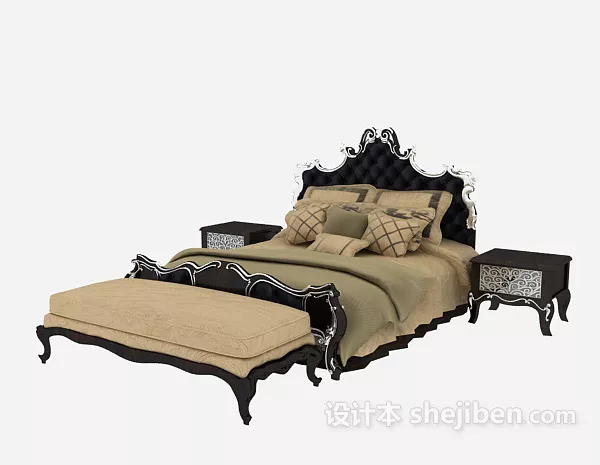 Old Style Bed With Red Blanket 3d model
