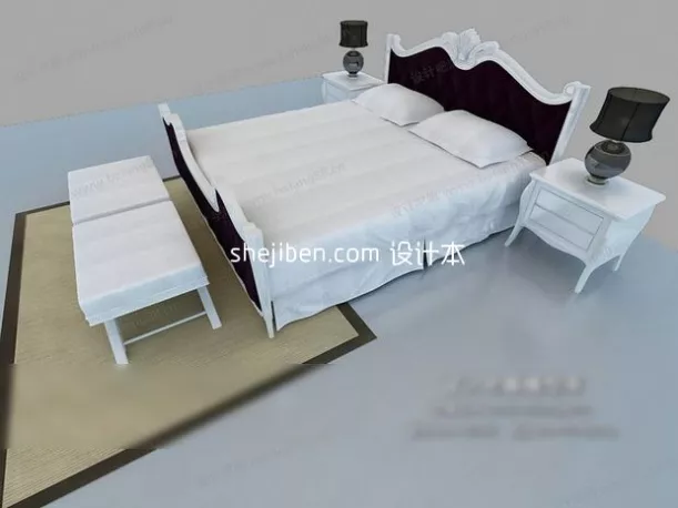 Realistic Double Bed With Blanket Pillows On Rug 3d model