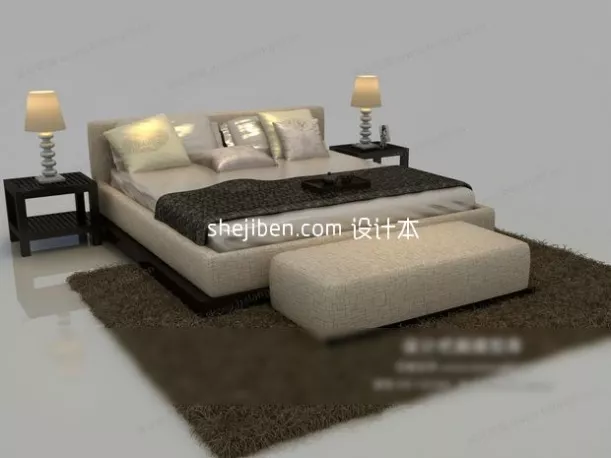 Modern Bed With Glass Partition Back 3d model