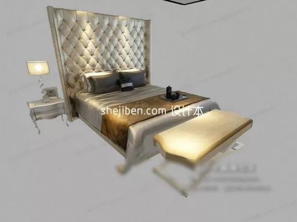 Realistic Double Bed With Back Wooden 3d model