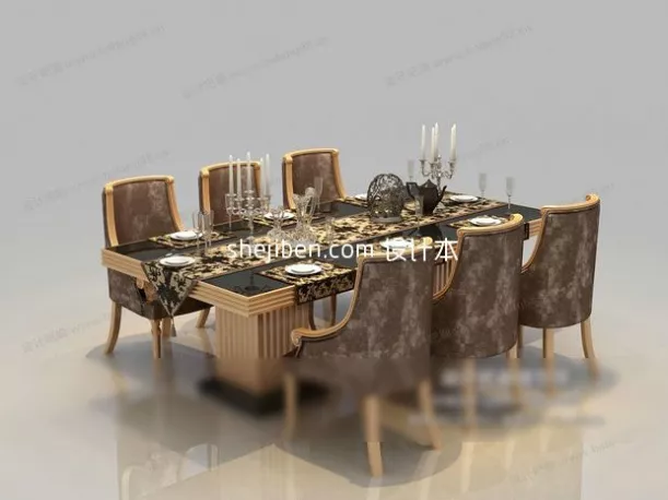Modern Dining Table And Chair With Tableware 3d model