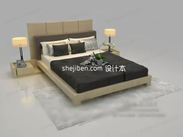 Double Bed With Mattress And Nightstand 3d model