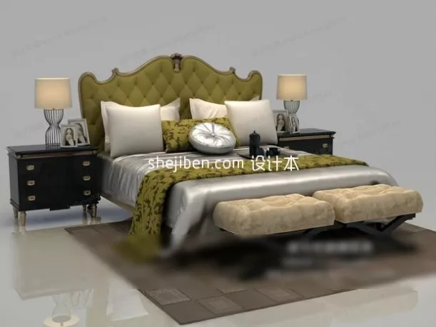 Hotel Bed Set Flou With Tufted Back 3d model