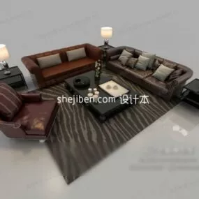 Vintage Leather Sofa Coffee Table Carpet 3d model
