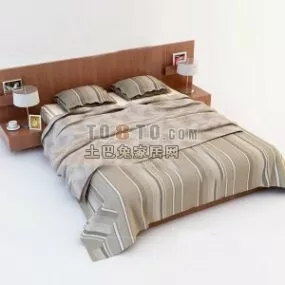 Realistic Double Bed With Back Wooden 3d model