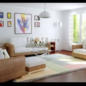 Living Room With Rattan Sofa Chair 3d model
