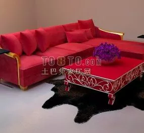 European Red Velvet Sofa And Coffee Table 3d model