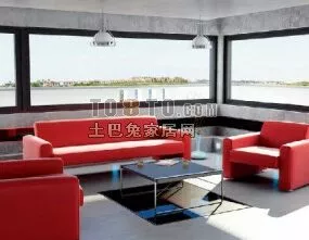 Red Leather Sofa Furniture With Table 3d model