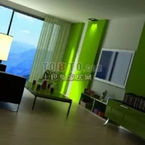 Living Room With Glass Windows And Sofa 3d model