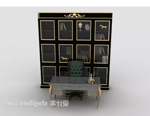 Antique Study Table Chair With Bookcase 3d model Antique Study Table Chair With Bookcase 3d model