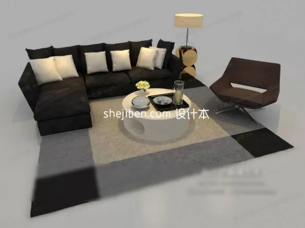 Sofa Three Seats Brown Fabric 3d model