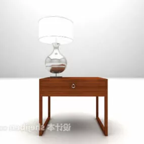 Brown Wood Table With Lamp 3d model