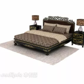 Chinese Dark Wood Vintage Carved Bed 3d model