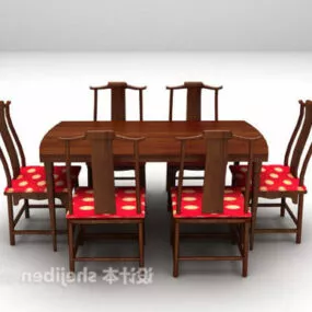 Chinese Wood Dining Table Chair Set 3d model