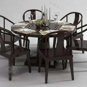 Wooden Round Dinning Table Chair 3d model