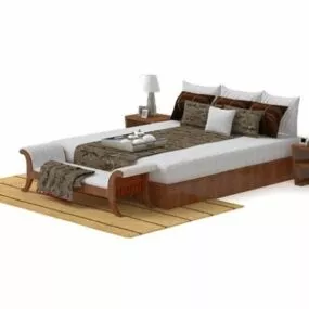 Double Bed Wooden Style 3d model