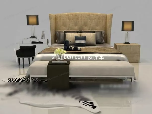 Hotel Bed With Nightstand And Table Lamp 3d model